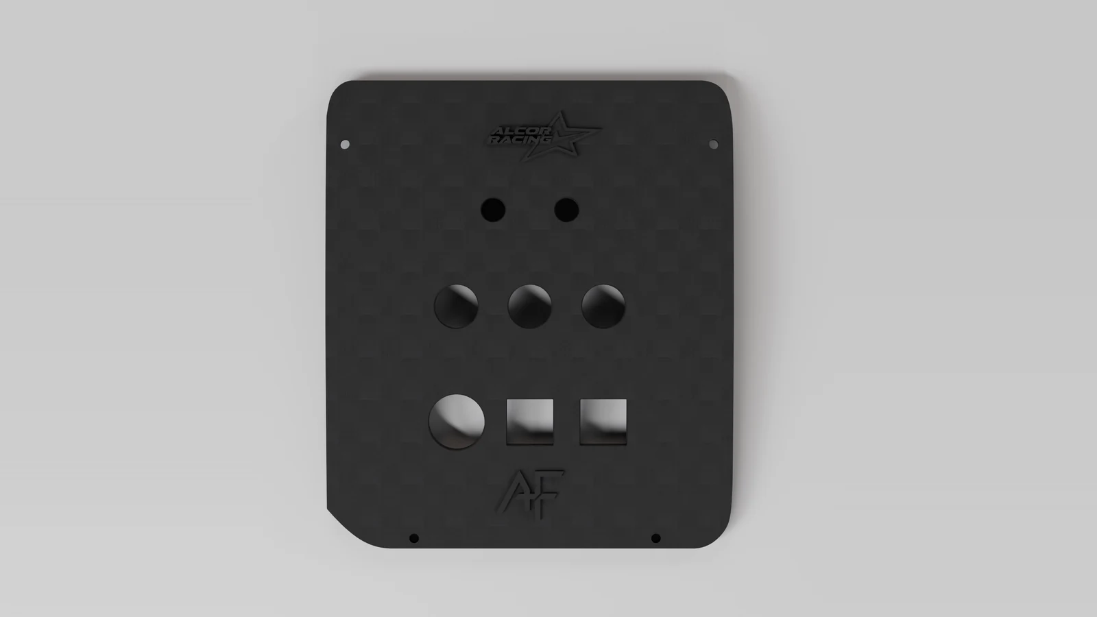 Render del panel de frente: los ocho huecos repartidos en tres filas, el logotipo de ALCOR Racing arriba y el de AF abajo, ambos grabados en relieve